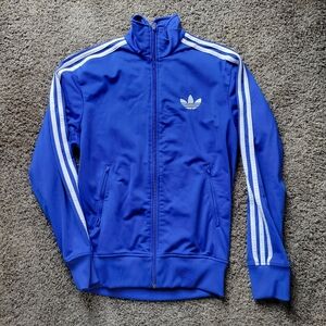Adidas Track Jacket With Zipper Pockets  & Stitched Logo Blue White Men's Small
